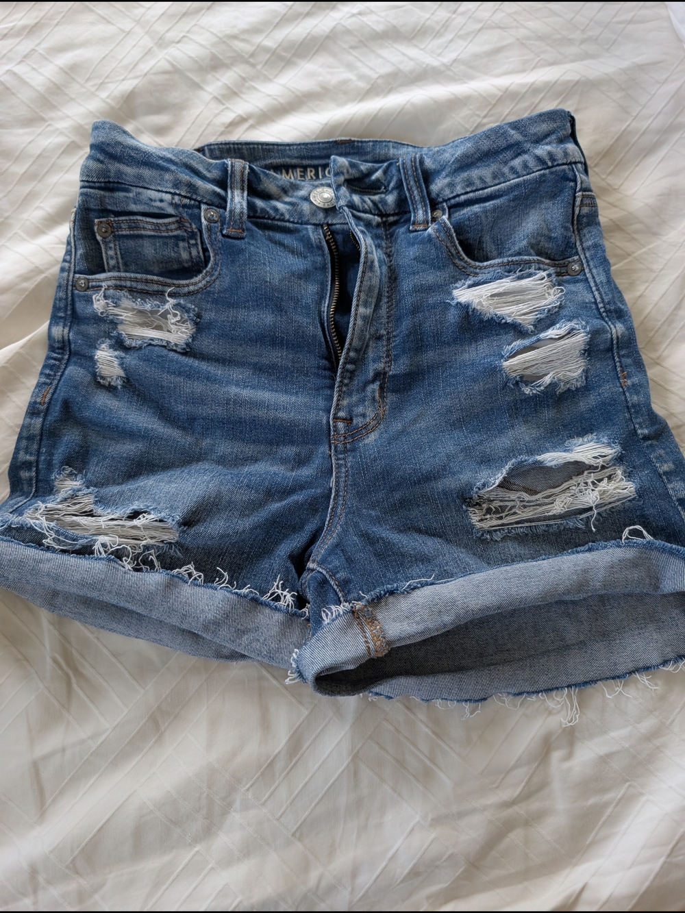 American Eagle Outfitters Ripped High-Rise Denim Shorts - Blue
